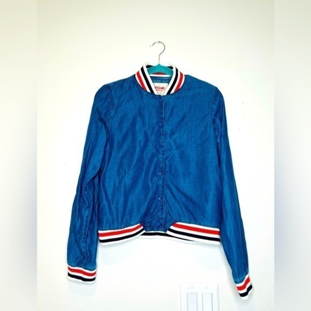 Mossimo basbeball Jacket Snap Up Womens Red White and Blue Elastic Waist & Cuffs
